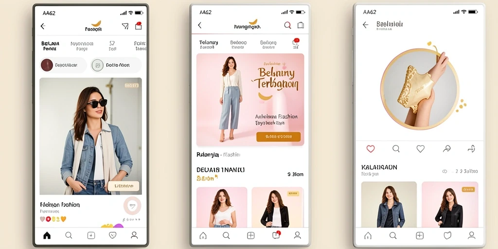 Antarmuka aplikasi AA62 menampilkan beragam produk fashion dengan desain menarik.